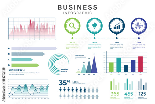 Modern Business Infographic with Charts, Graphs, and Data Visualization Elements