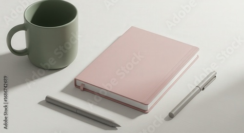 Aesthetic Workspace Setup with Coffee Cup, Notebook, and Pen