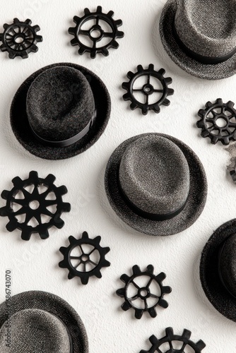 A still-life image of several felt hats and decorative gear-shaped objects scattered on a textured white surface, creating a pattern
