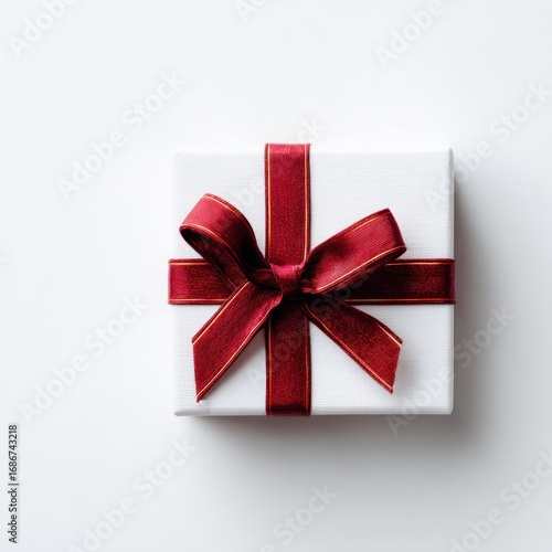 Top-down view of a pristine white gift wrapped with a lush, dark red ribbon on a minimalist white background, suggesting elegance and anticipation