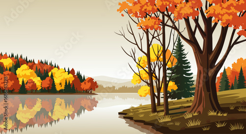 Vibrant autumnal landscape with a tranquil lake reflecting the brilliant colors of a scenic forest, showcasing the serene beauty of the fall season