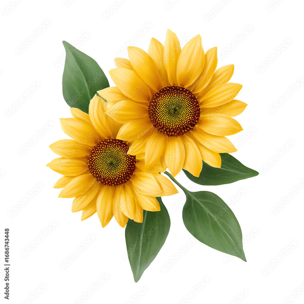 Fototapeta premium Sunflower Duet: Two radiant sunflowers, in full bloom, dance together. With their golden petals and lush green leaves, evoking the warmth and vitality of summer, they symbolize joy, positivity.