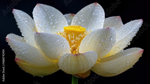 Elegant, bright-petaled lotus flower with subtle pink accents, sprinkled with water droplets. A vivid yellow center and dark background draw the eye