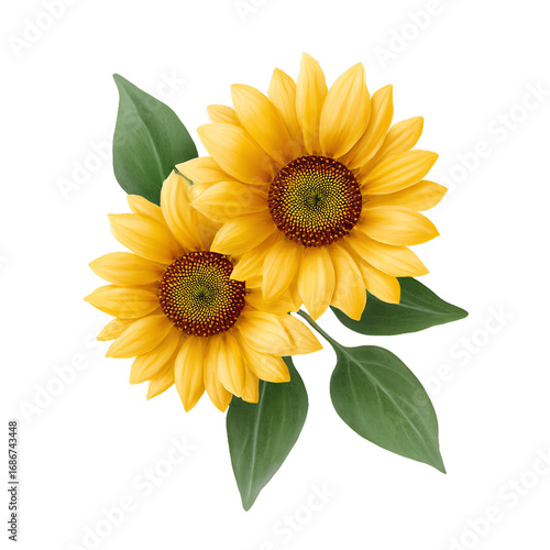 Sunflower Duet: Two radiant sunflowers, in full bloom, dance together. With their golden petals and lush green leaves, evoking the warmth and vitality of summer, they symbolize joy, positivity.