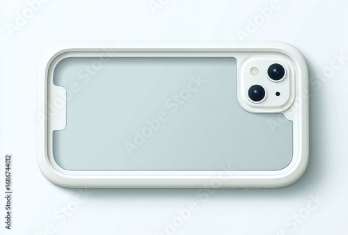 A blank-screened smartphone in a white protective case, viewed from above, revealing two camera lenses. Soft lighting creates subtle shadows
