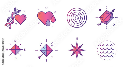 Flat lay of various colorful geometric icons and symbols including hearts, stars, and compasses in purple, pink, and blue hues on a clean white background.