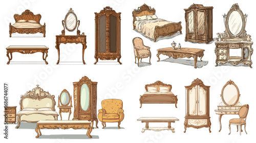 Hand-drawn vintage furniture set with beds, chairs, mirrors, and cabinets, perfect for interior design, antique catalogues, and decorative illustration projects.
