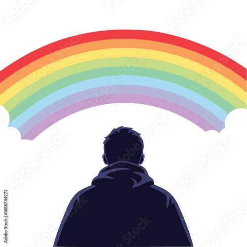 Man Silhouetted Against a Vibrant Rainbow Arc.