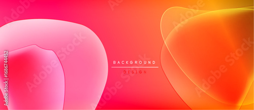 Abstract fluid shapes blend, creating vibrant gradient. Pink, orange hues dominate design, suggesting energy, motion. Minimalist text present.