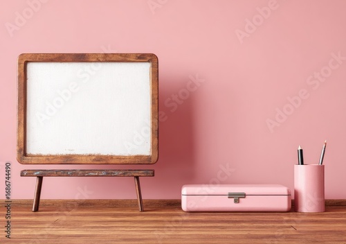 A vintage-style blank easel on a small wooden stand sits beside a pink pencil cup and matching box, against a blush-colored wall and wooden floor