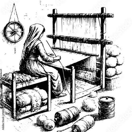 Skilled artisan skillfully weaving fabric on a traditional loom in a rustic workshop setting