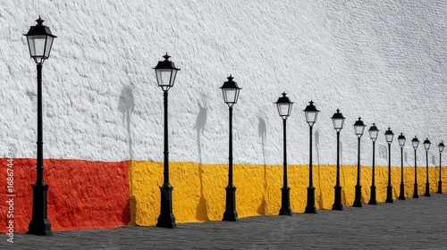 A line of vintage street lamps stretches back in perspective along a walkway. The textured wall behind is painted with a horizontal band of red and gold