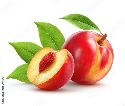 Two nectarines, one sliced to reveal the pit, surrounded by green leaves, isolated on a white background