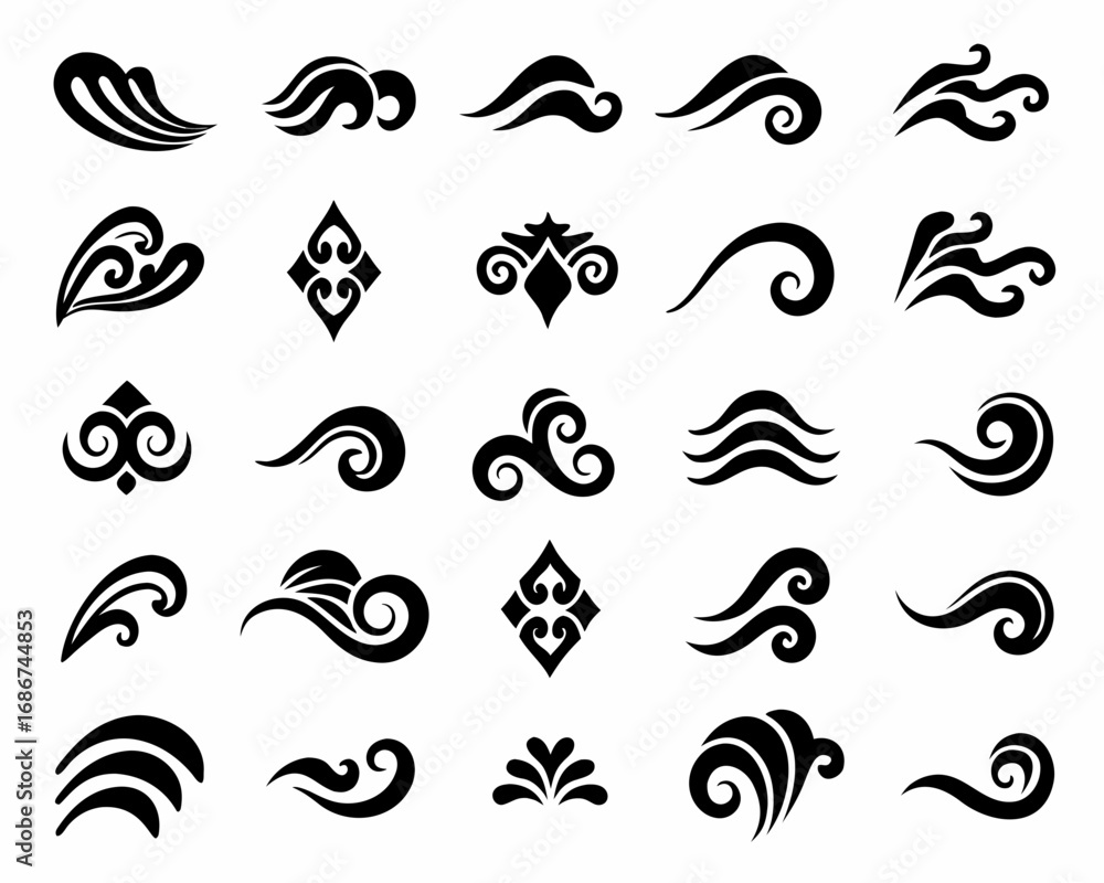Fototapeta premium Collection of black stylized wave and floral ornamental design elements