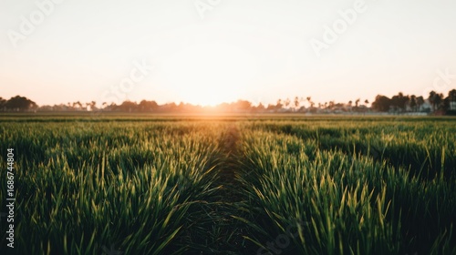 A field of vibrant green plants is bathed in the warm glow of the setting sun, casting soft shadows across the landscape, creating a tranquil, rural scene