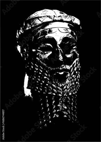 Ancient Mesopotamian King's detailed sculpted bust with regal beard and headdress