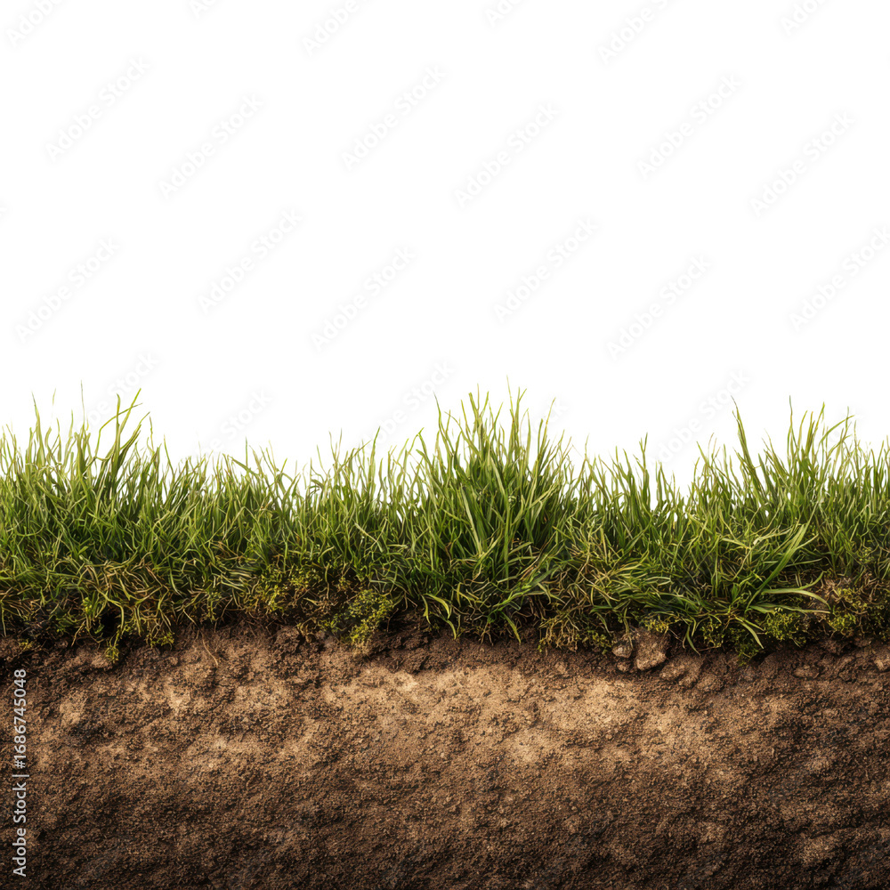 Obraz premium Lush green grass growing from rich brown soil earth dirt, Isolated On Png Transparent Background