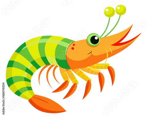Cute cartoon shrimp with green and yellow stripes on white background