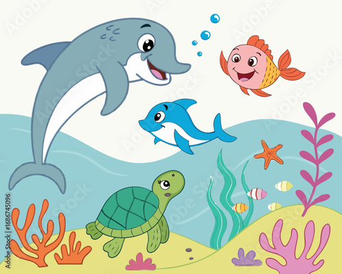 Cute cartoon dolphin fish turtle and starfish underwater scene