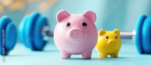 The playful piggy banks in front of colorful dumbbells for fitness motivation.