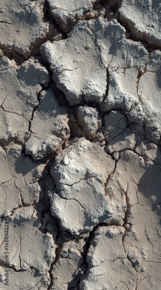 Fototapeta premium Cracked Earth. A close-up shows dry, cracked earth with irregular patterns, highlighting the textures of arid land under bright light, emphasizing desiccation
