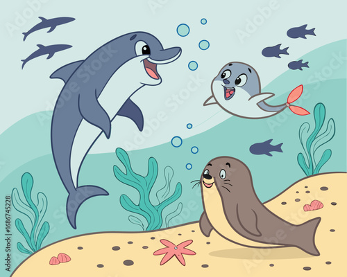 Cute cartoon dolphin and seals playing underwater with fish and seaweed