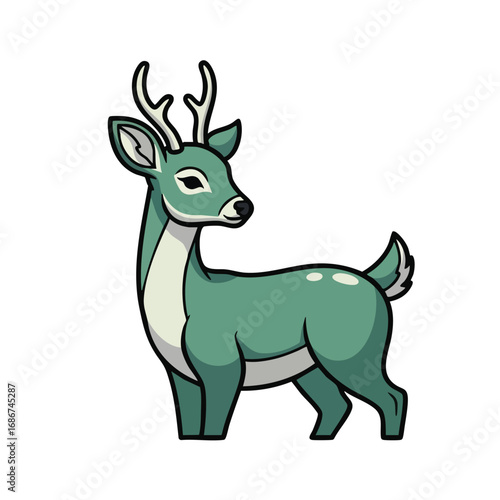 A charming cartoon illustration of a young green deer with small antlers.