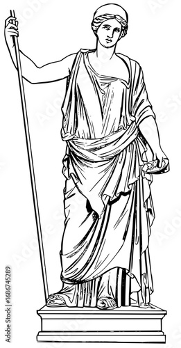 Elegant classical statue of a goddess holding a spear and offering a bowl, inspiring historical art