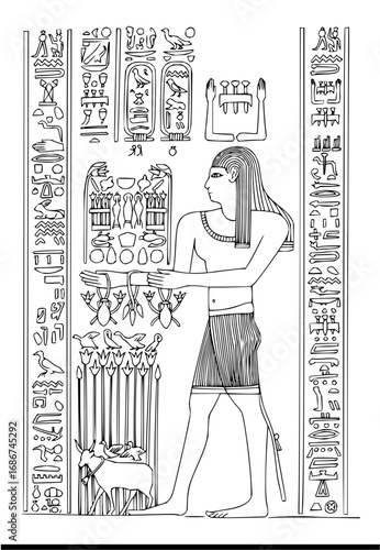 Ancient Egyptian hieroglyphs and figure depicting historical religious offering and cultural symbolism