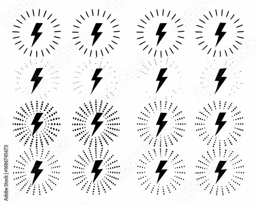 Collection of black lightning bolt icons with radiating lines and dots