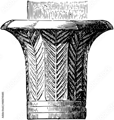 Ancient Egyptian papyrus column capital architectural detail in classic black and white engraving style