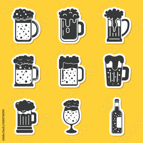 Cold beer sticker icon set collection in flat style. Alcohol drink vector illustration on isolated background. Alcohol glass sign business concept.