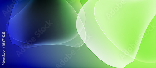 Abstract fluid shapes blend, creating vibrant color gradients. Blue transitions to green, offering smooth visual flow. Softness dominates composition.