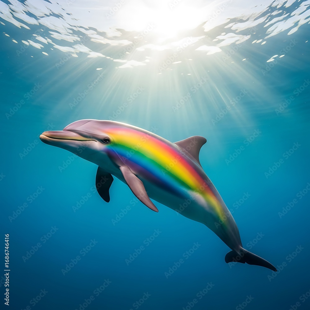 Fototapeta premium Rainbow Dolphin in Ocean Sunlight.