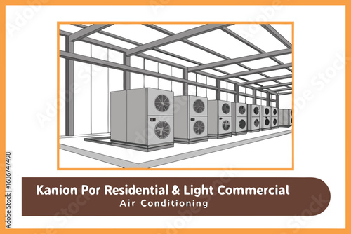 Row of large gray air conditioning units under a metal frame structure H V A C system air conditioner