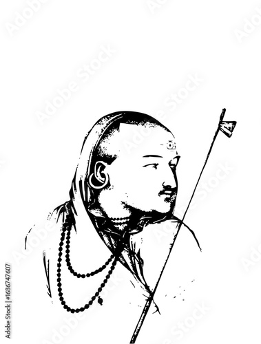 Spiritual guru with mala beads and trident staff embodies ancient wisdom and serene contemplation