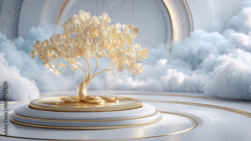 Golden money tree sculpture on round platform symbolizes financial glowth and prosperity with soft clouds and elegant background