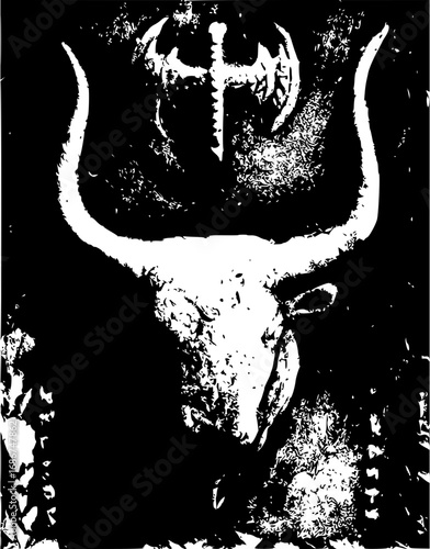 Powerful bull skull emblem with ancient axe evokes primal strength and dark fantasy themes