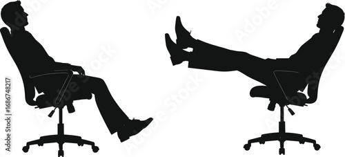 Two men relaxing on office chairs with feet up, casual break, informal meeting, teamwork, comfortable workplace, business silhouette illustration.