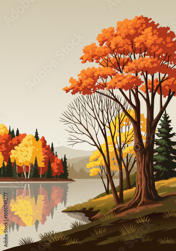 Vibrant autumn forest reflection on the water, a scenic natural background with ample copy space for seasonal designs featuring fall foliage