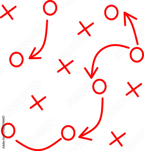 Red hand-drawn football play diagram with X and O symbols and arrows on white background, showing tactical game plan for coaching, training, and strategy concepts.
