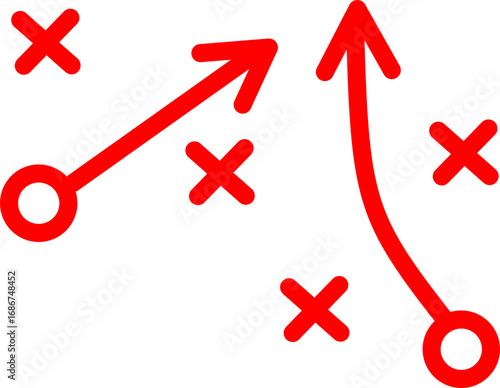 Red hand-drawn football play diagram with X and O symbols and arrows on white background, showing tactical game plan for coaching, training, and strategy concepts.
