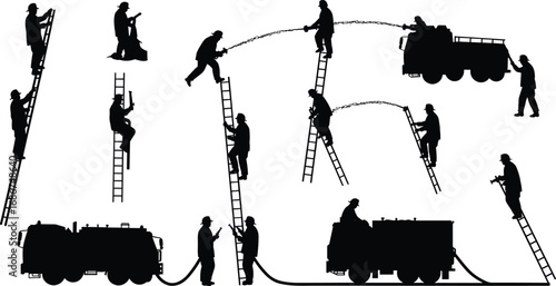 Firefighters training, fire truck, ladder climbing, hose spraying, emergency response team, fire safety drill, rescue operation, fire fighting equipment, teamwork in action, fire prevention.