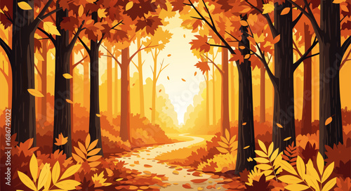 Vibrant autumnal forest path with golden leaves, a perfect fall background for your creative copy space design
