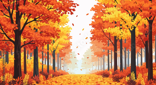 Enchanting fall forest background with a vibrant path of autumn leaves, offering ample copy space for design. A picturesque woodland scene