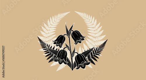 Stylized dark bluebell flowers and fern fronds illustration.