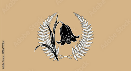 Stylized black bell flower emblem surrounded by elegant foliage.