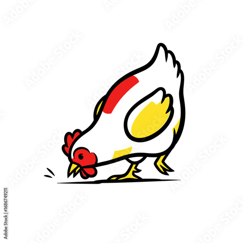 Cartoon chicken pecking at the ground, rendered in a simple, graphic style with red and yellow accents.