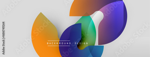 Abstract colorful shapes overlap. Modern design features gradients, curves, text background design. Minimalist aesthetic, bright hues present.