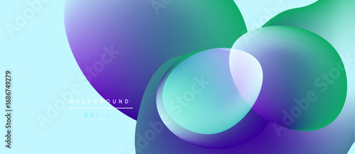 Abstract fluid shapes overlap, creating vibrant color gradients. Light blue background complements purple, green hues. Modern design element.